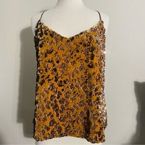 RO & DE Anthropologie Velvet & Sequin Leopard Print Cami Gold Brown Tan XL